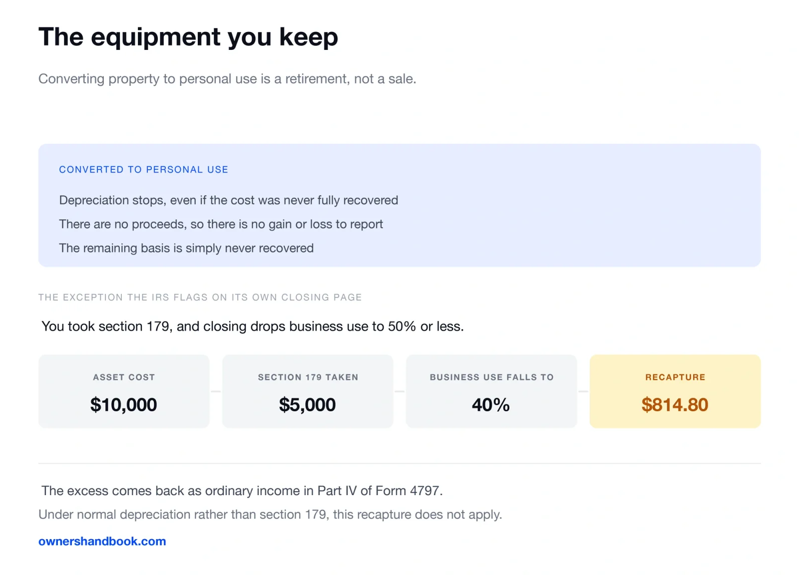 The equipment you keep. Converting property to personal use is a retirement, not a sale.